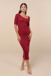 Lulus Flattering Aura Berry Pink Ribbed Asymmetrical Cutout Midi Dress In Berry Pink