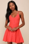 Lulus Flattering Disposition Orange Button-front Ribbed Mini Dress In Orange