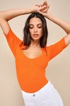 LULUS FLATTERING FEELING ORANGE SHORT SLEEVE SWEATER