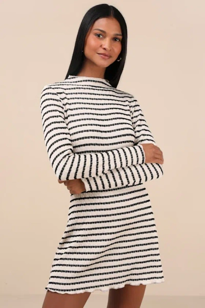 Lulus Flattering Forecast Striped Textured Long Sleeve Mini Dress In White