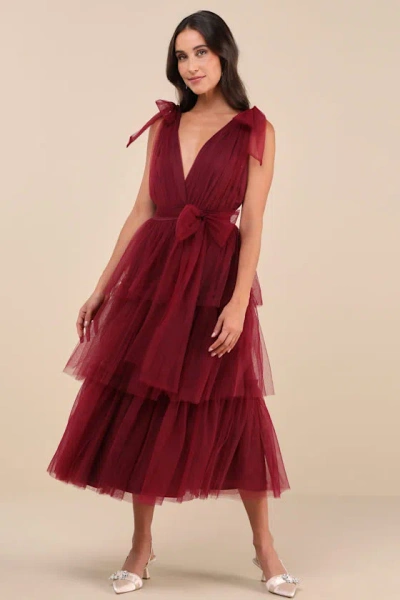 Lulus Flawless Arrival Burgundy Tulle Tie-strap Tiered Maxi Dress