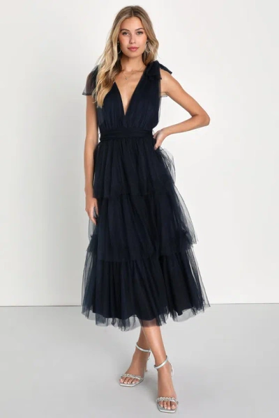 Lulus Flawless Arrival Navy Blue Tulle Tie-strap Tiered Maxi Dress