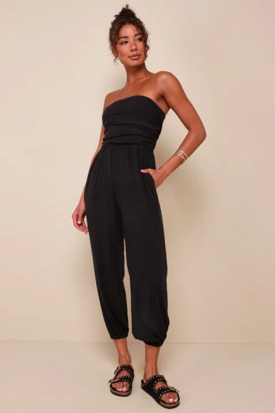 Lulus Flawless Comfort Black Ruched Strapless Jogger Jumpsuit