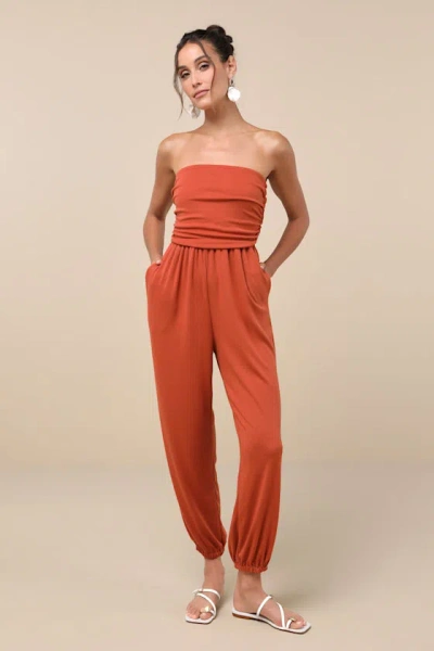 Lulus Flawless Comfort Burnt Orange Ruched Strapless Jogger Jumpsuit