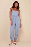 LULUS FLAWLESS COMFORT LIGHT BLUE RUCHED STRAPLESS JOGGER JUMPSUIT