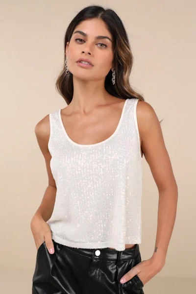 Lulus Flawless Dazzle Cream Iridescent Sequin Scoop Neck Tank Top In White
