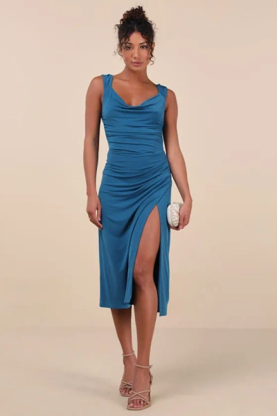Lulus Flawless Effect Dark Teal Slinky Knit Cowl Tie-back Midi Dress
