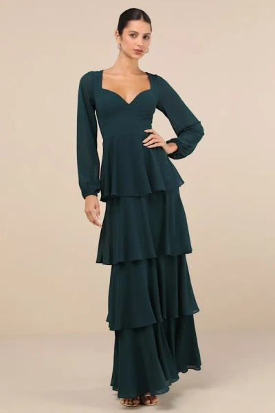 Lulus Flawless Excellence Emerald Tiered Long Sleeve Maxi Dress In Green