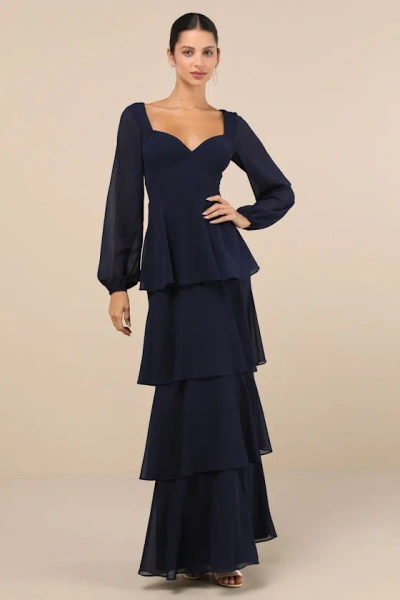 Lulus Flawless Excellence Navy Blue Tiered Long Sleeve Maxi Dress