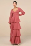 Lulus Flawless Excellence Rusty Rose Tiered Long Sleeve Maxi Dress In Pink