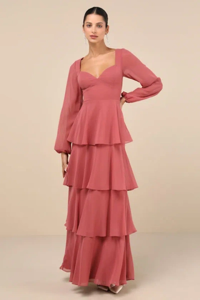 Lulus Flawless Excellence Rusty Rose Tiered Long Sleeve Maxi Dress In Pink