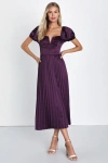 Lulus Flawless Forever Dark Purple Satin Pleated Midi Dress In Purple