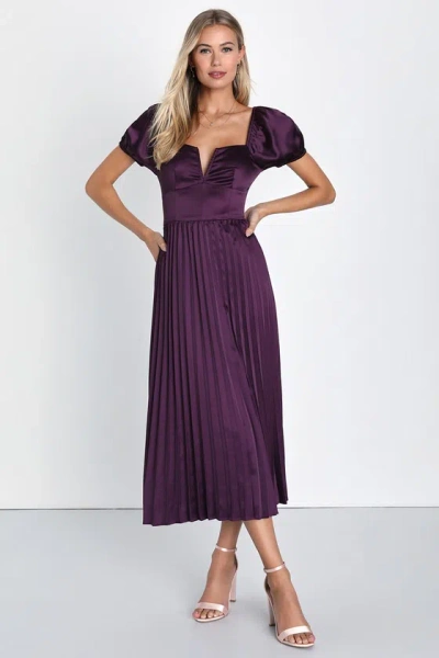 Lulus Flawless Forever Dark Purple Satin Pleated Midi Dress