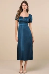 Lulus Flawless Forever Teal Satin Pleated Midi Dress In Teal