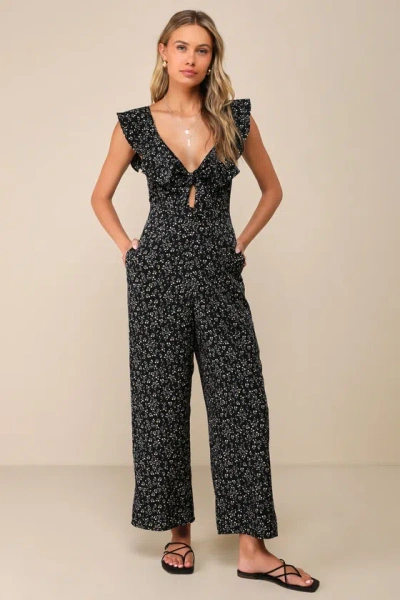Lulus Flawless Life Black Floral Ruffled Cutout Cropped Jumpsuit