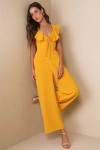 Lulus Flawless Life Marigold Ruffled Cutout Cropped Jumpsuit In Yellow