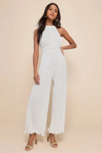 Lulus Flawless Mindset Ivory Satin Plisse Tie-back Jumpsuit