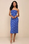 Lulus Flawless Perfection Blue 3d Floral Applique Strapless Midi Dress In Blue