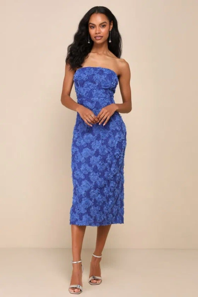 Lulus Flawless Perfection Blue 3d Floral Applique Strapless Midi Dress