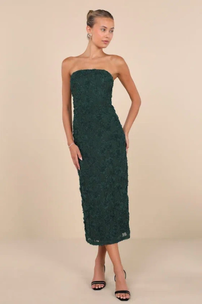 Lulus Flawless Perfection Emerald Floral Applique Strapless Midi Dress In Green