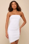 Lulus Flawless Sensation White Mesh Ruched Asymmetrical Mini Dress In White