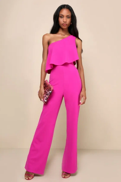 Lulus Flawless Vibes Magenta One-shoulder Tiered Wide-leg Jumpsuit