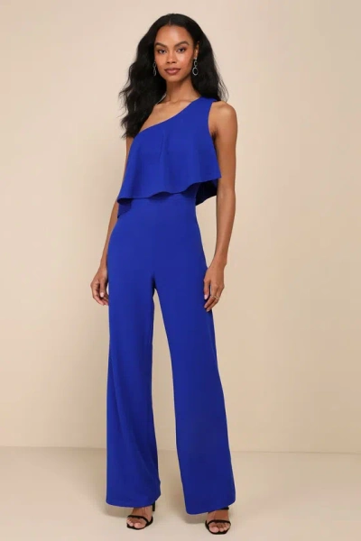 Lulus Flawless Vibes Royal Blue One-shoulder Tiered Wide-leg Jumpsuit