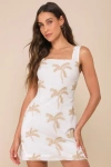 Lulus Flawlessly Breezy Palm Tree Ivory Embroidered Mini Dress In Ivory