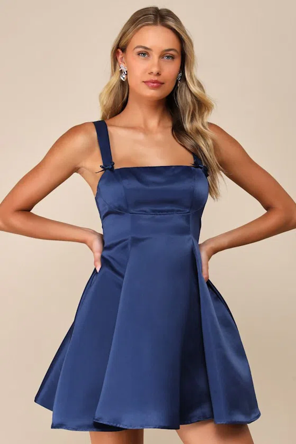 Lulus Flawlessly Flirty Navy Blue Satin Tie-back Skater Mini Dress