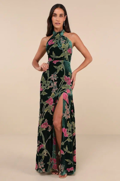 Lulus Flawlessly Gorgeous Green Burnout Floral Halter Maxi Dress