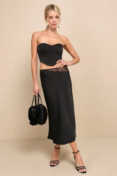 Lulus Flawlessly Luxe Black Satin Lace Midi Skirt