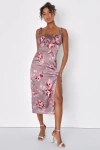 Lulus Fleur-ty Behavior Mauve Floral Satin Tie-strap Midi Dress In Mauve