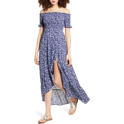 Lulus Fleur-tation Off The Shoulder High/low Dress In Blue