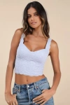 Lulus Flirtatious Attitude Light Blue Ivory Lace Bustier Cami Crop Top In Light Blue