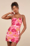 Lulus Flirtatious Composure Pink Jacquard Lace-up Bustier Mini Dress In Pink