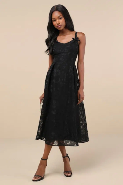 Lulus Flirtatious Crush Black Burnout Pleated Bow Midi Dress