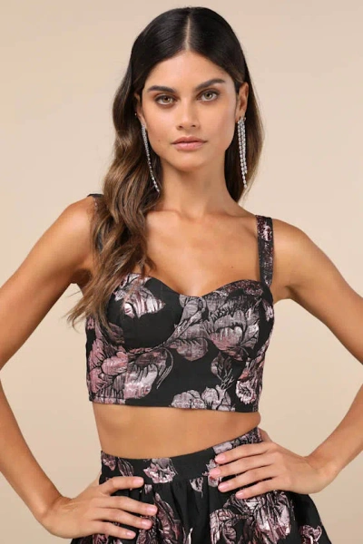 Lulus Flirtatious Cues Black And Metallic Pink Jacquard Bustier Top