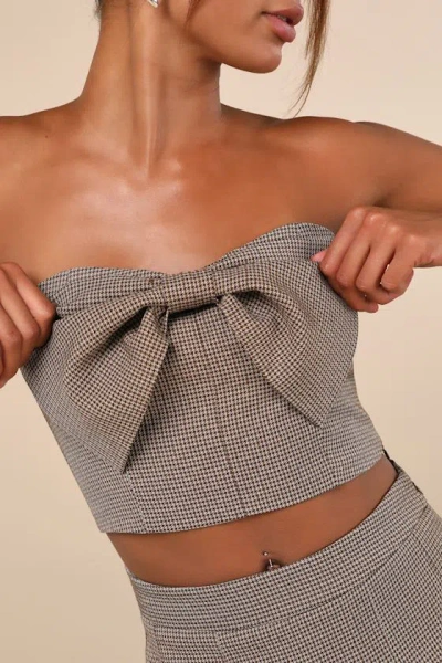 Lulus Flirtatious Darling Brown Houndstooth Plaid Bow Crop Top