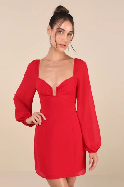 Lulus Flirtatious Designs Red Chiffon Balloon Sleeve Mini Dress