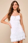 Lulus Flirtatious Direction White Floral Mesh Ruffled Mini Dress In White