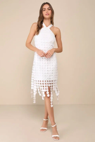 Lulus Flirtatious Fun White 3d Dot Halter Fringe Midi Dress