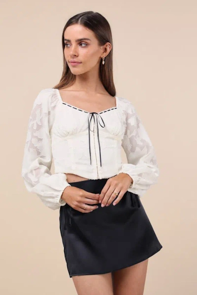 Lulus Flirtatious Outlook Ivory Burnout Ribbon Long Sleeve Bustier Top