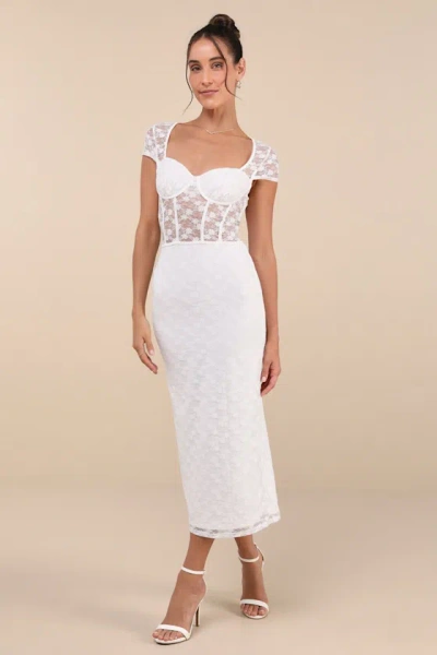 Lulus Flirtatious Presence White Sheer Lace Bustier Midi Dress