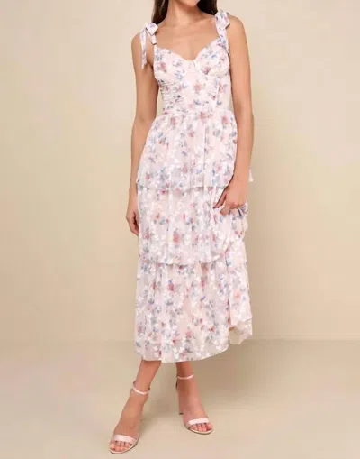 Lulus Flirtatious Radiance Floral Mesh Bustier Midi Dress In Blush Pink In Multi