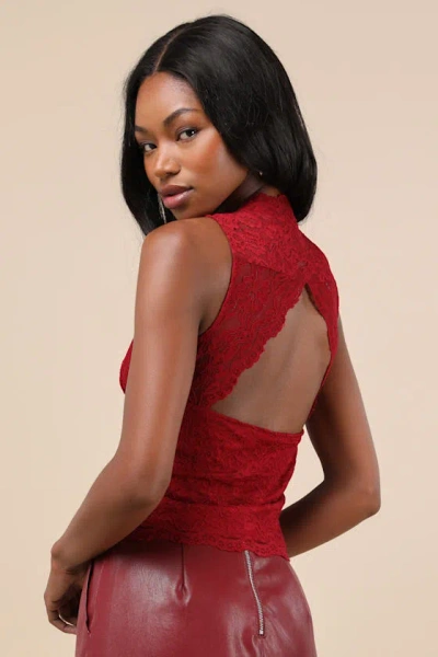 Lulus Flirtatious Statement Wine Red Lace Back Cutout Tank Top
