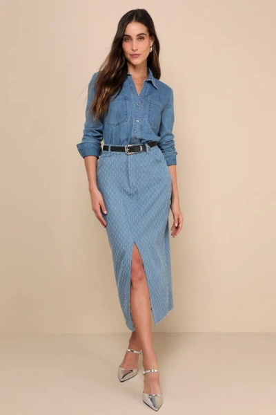 Lulus Flirtatious Trend Light Wash Denim Textured Raw Hem Midi Skirt In Blue