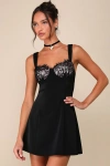 Lulus Flirtatiously Gorgeous Black Satin Lace Bustier Mini Dress In Black