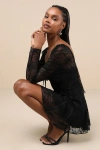 Lulus Flirty Adoration Black Lace Long Sleeve Seamed Mini Dress In Black