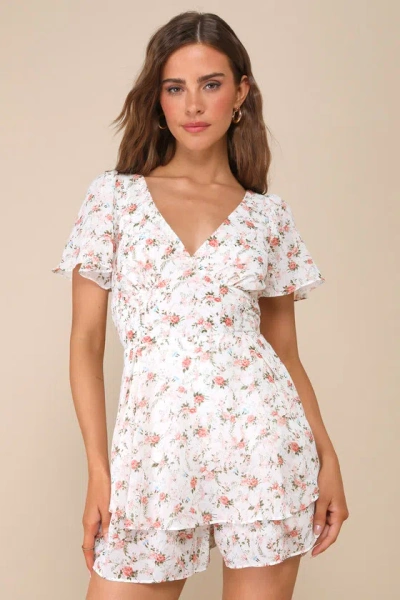 Lulus Flirty Choice Ivory Floral Flutter Sleeve Lace-up Romper