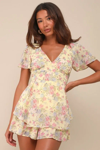 Lulus Flirty Choice Yellow Floral Flutter Sleeve Lace-up Romper